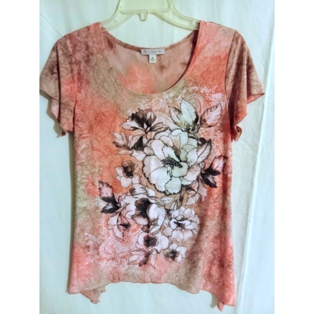 DB Established 1962 Peach Silky Floral Bell Sleeve Blouse wms Sz Med